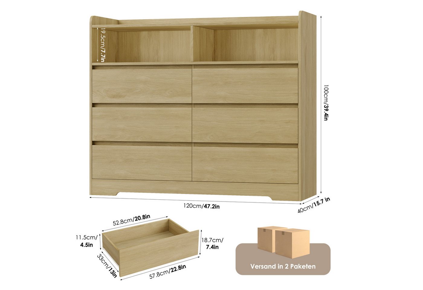 Homfa Kommode Sideboard Komodenschrank, mit 6 Schubladen und 2 offenen Fächern, Breite 120cm Höhe 100cm – Bild 2 von 5