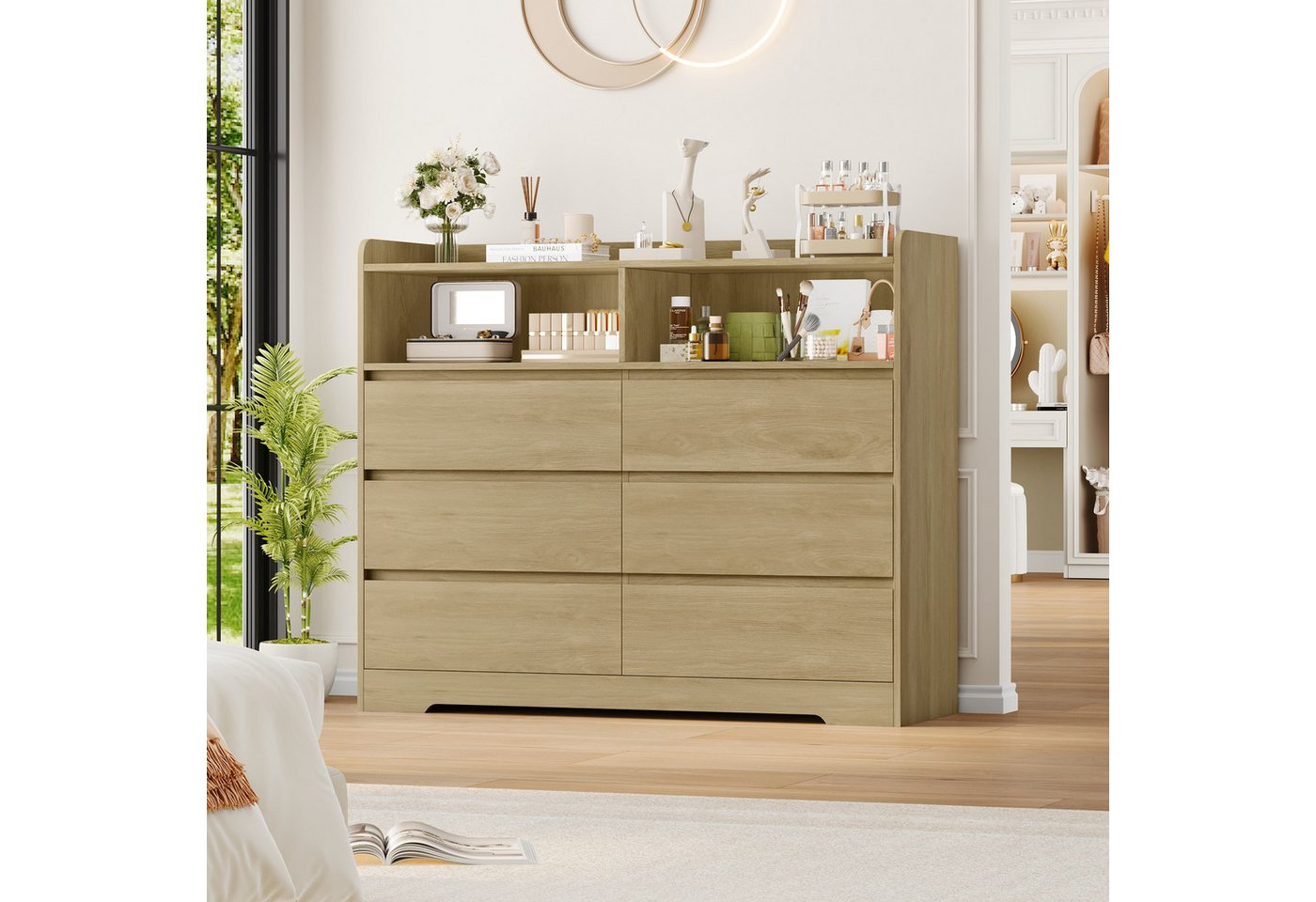 Homfa Kommode Sideboard Komodenschrank, mit 6 Schubladen und 2 offenen Fächern, Breite 120cm Höhe 100cm – Bild 3 von 5