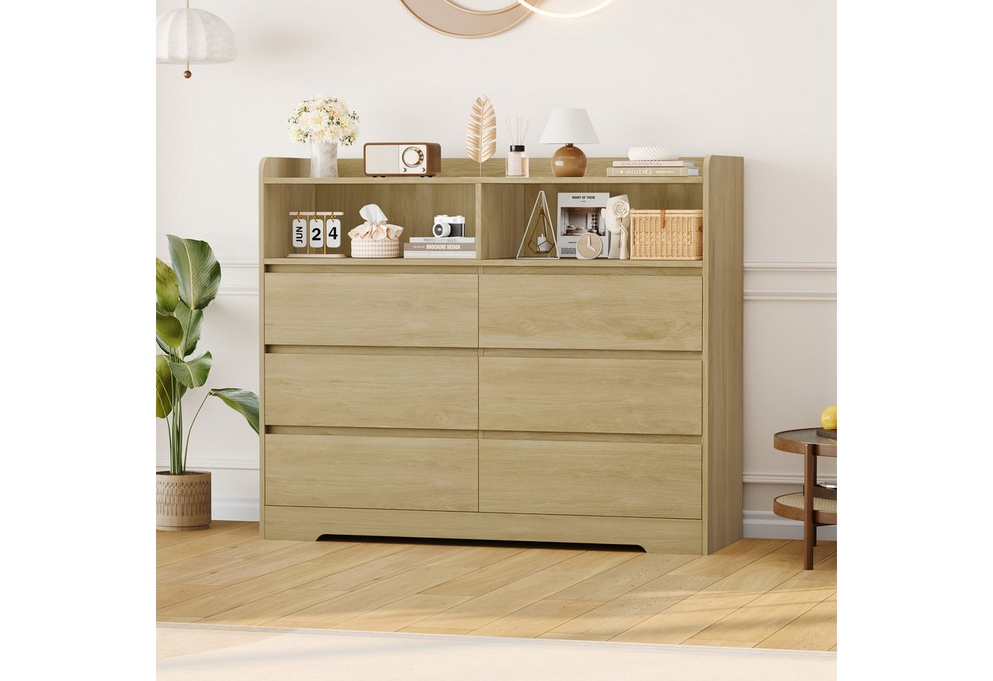 Homfa Kommode Sideboard Komodenschrank, mit 6 Schubladen und 2 offenen Fächern, Breite 120cm Höhe 100cm – Bild 4 von 5