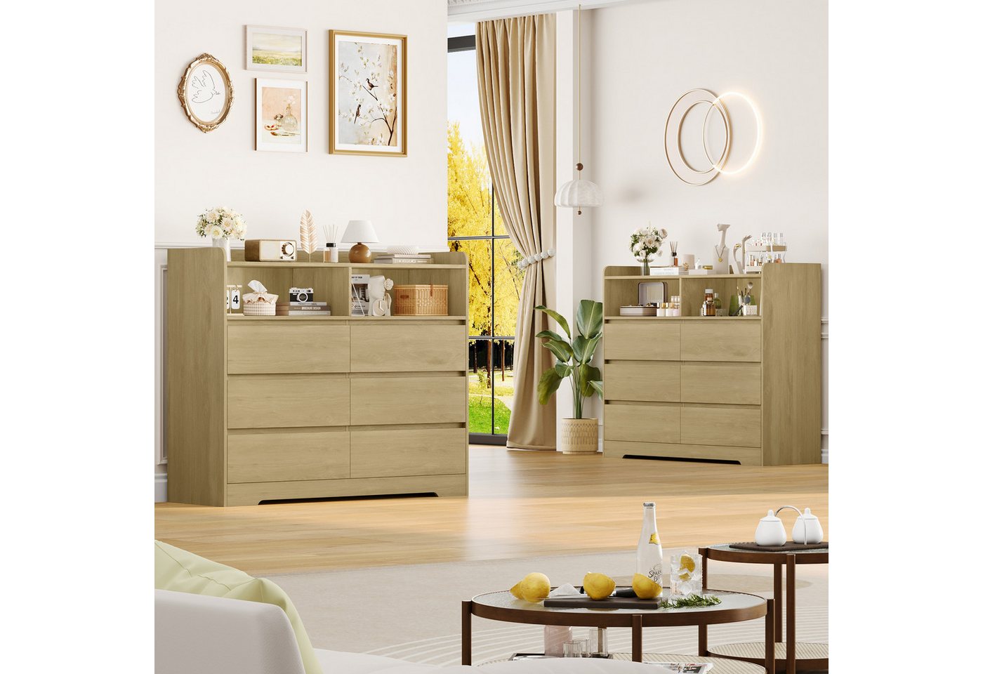 Homfa Kommode Sideboard Komodenschrank, mit 6 Schubladen und 2 offenen Fächern, Breite 120cm Höhe 100cm – Bild 5 von 5