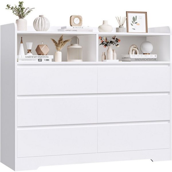 Homfa Kommode Sideboard Komodenschrank, mit 6 Schubladen und 2 offenen Fächern, Breite 120cm Höhe 100cm