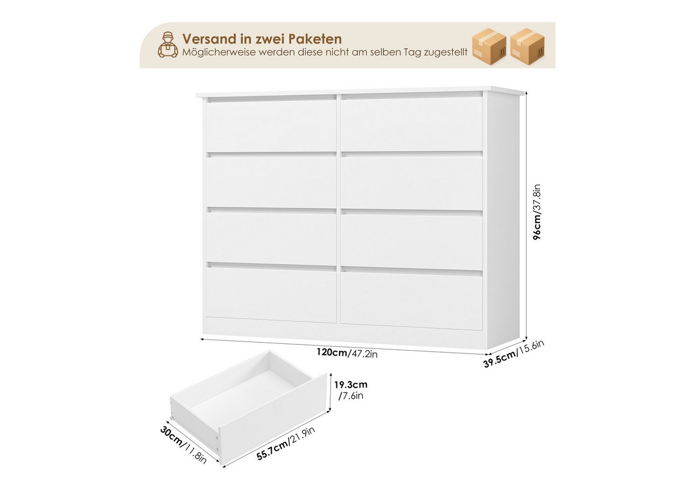 Homfa Kommode Sideboard Komodenschrank Schubladenkommode, mit 8 Schubladen, Breite 120cm Höhe 96cm – Bild 3 von 5