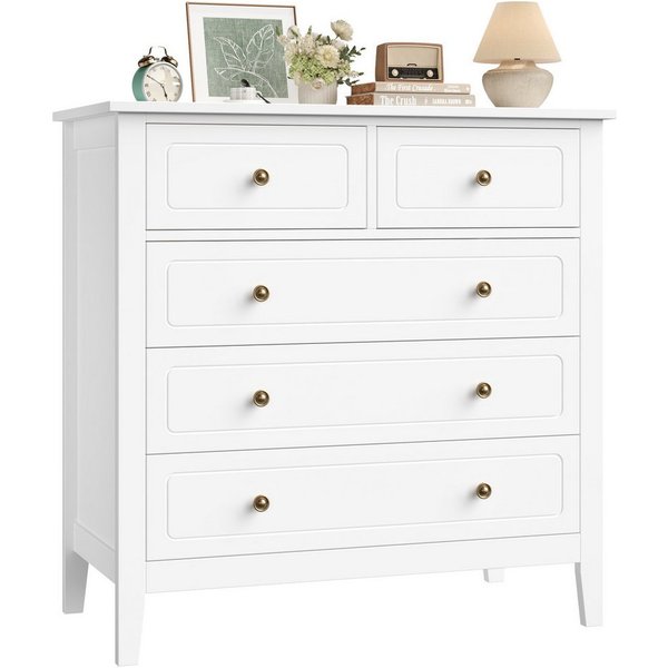 Homfa Kommode, Sideboard mit 5 Schubladen, Metallgriffe, weiß, 80x40x80cm
