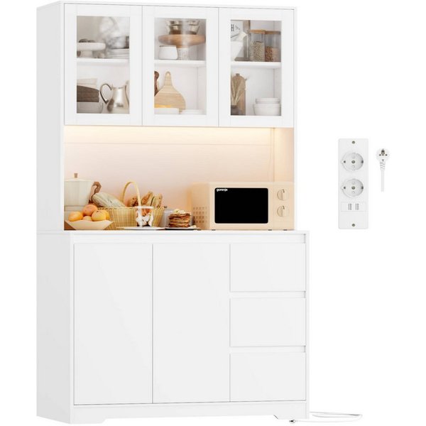 Homfa Küchenbuffet Küchenschrank Buffetschrank mit LED Sideboard weiß mit Steckdosenleiste & Arbeitsplatte 180x100x38,5cm