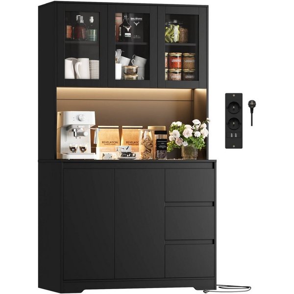 Homfa Küchenbuffet Küchenschrank Buffetschrank mit LED Sideboard schwarz mit Steckdosenleiste & Arbeitsplatte 180x100x38,5cm