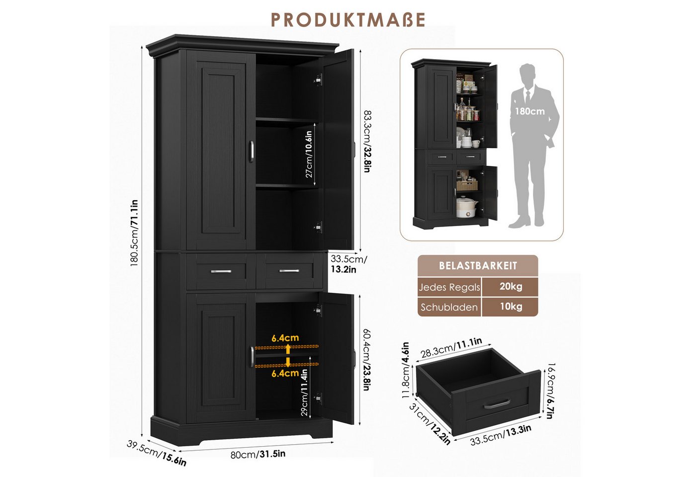 Homfa Küchenbuffet Küchenbuffet Küchenschrank mit 2 Schubladen Buffetschrank Vorratsschrank Mehrzweckschrank 180,5x80x39,5cm – Bild 4 von 5