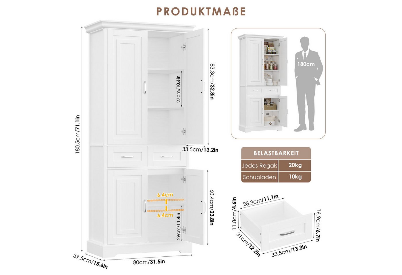 Homfa Küchenbuffet Küchenbuffet Küchenschrank mit 2 Schubladen Buffetschrank Vorratsschrank Mehrzweckschrank 180,5x80x39,5cm – Bild 3 von 5