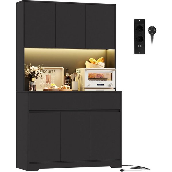 Homfa Küchenbuffet Küchenschrank mit LED Buffetschrank mit Steckdosen Hochschrank mit Arbeitsplatte, 6 Türen und Schubladen