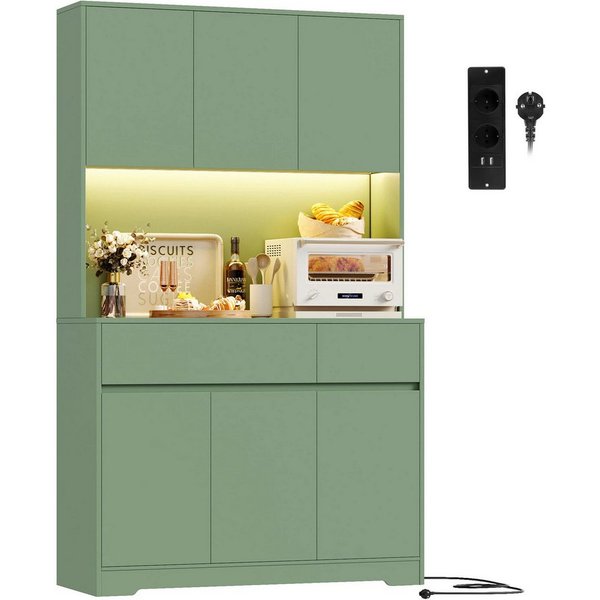 Homfa Küchenbuffet Küchenschrank mit LED Buffetschrank mit Steckdosen Hochschrank mit Arbeitsplatte, 6 Türen und Schubladen
