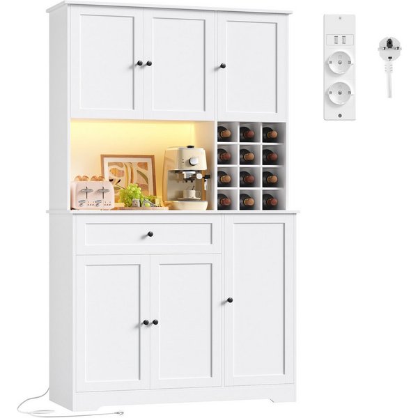 Homfa Küchenbuffet Küchenschrankmit LED, Steckdosenleiste & Weinregal Buffetschrank Sideboard weiß mit Steckdosenleiste & Arbeitsplatte 180x100x39cm
