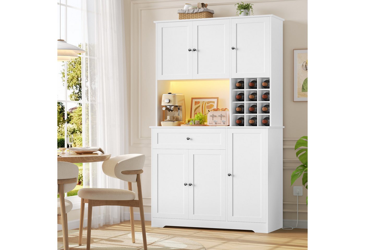 Homfa Küchenbuffet Küchenschrankmit LED, Steckdosenleiste & Weinregal Buffetschrank Sideboard weiß mit Steckdosenleiste & Arbeitsplatte 180x100x39cm – Bild 2 von 5