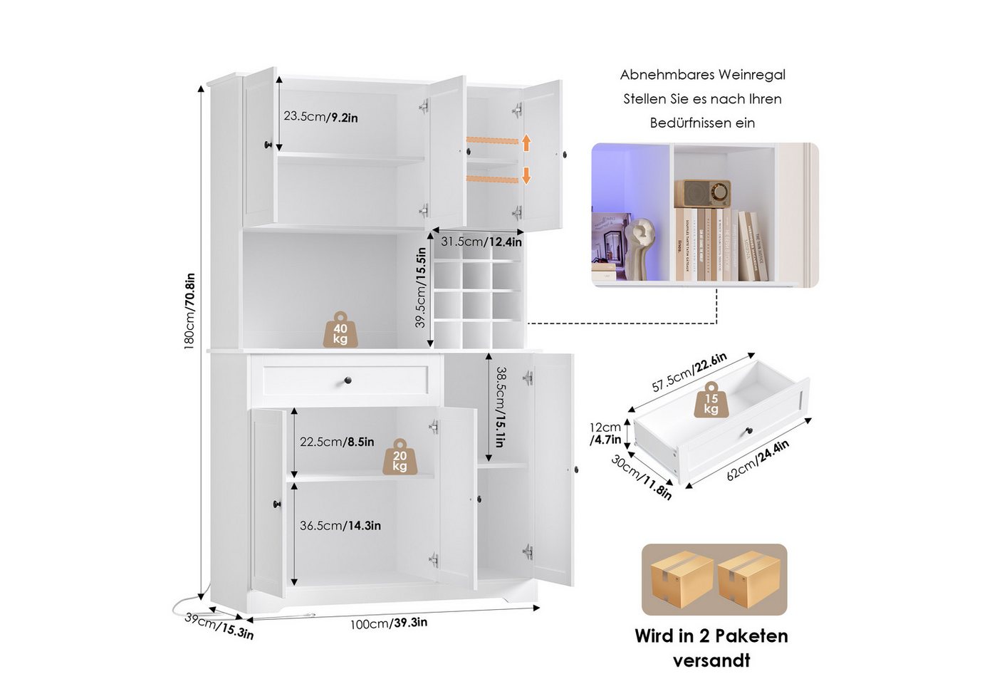 Homfa Küchenbuffet Küchenschrankmit LED, Steckdosenleiste & Weinregal Buffetschrank Sideboard weiß mit Steckdosenleiste & Arbeitsplatte 180x100x39cm – Bild 3 von 5