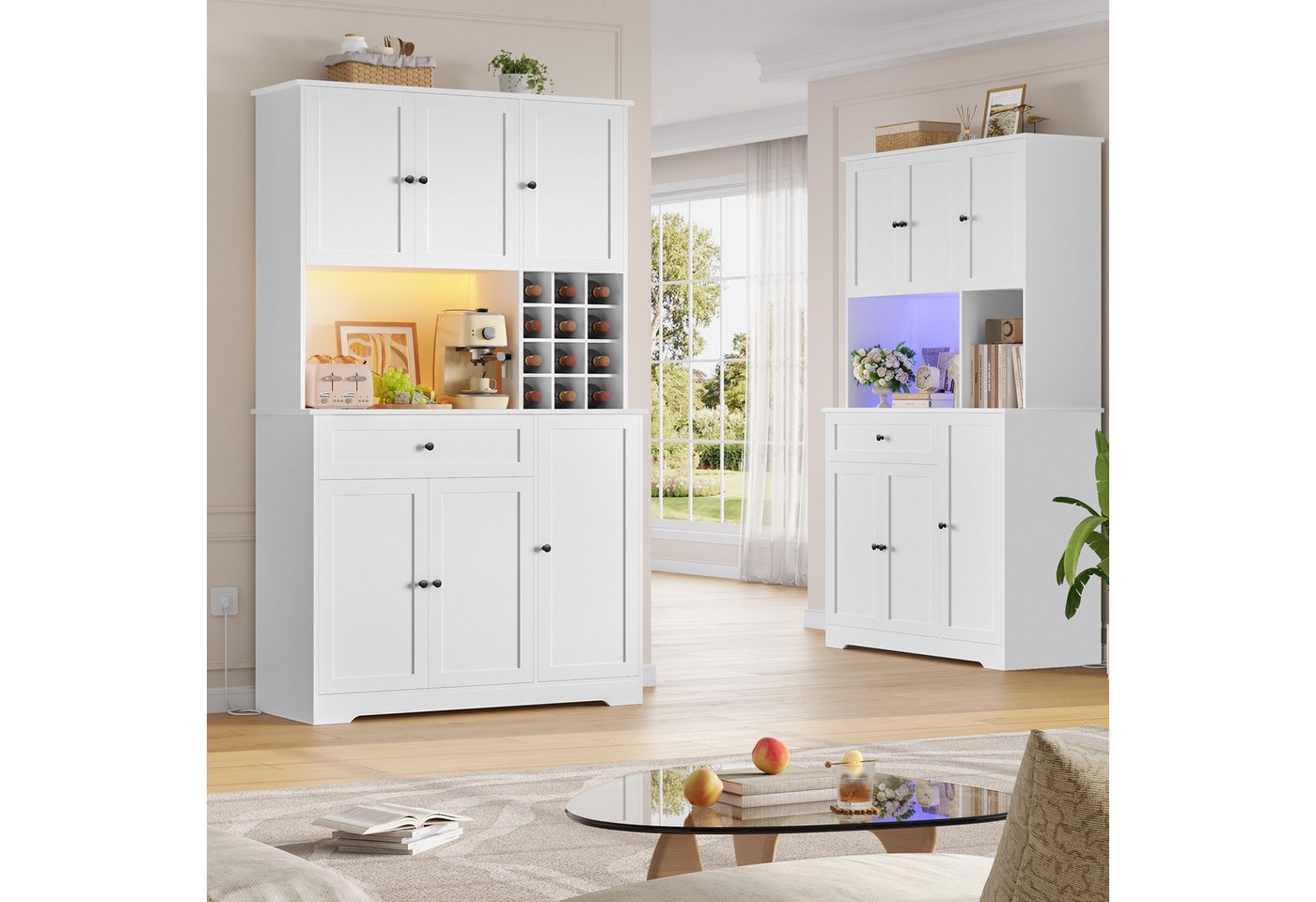 Homfa Küchenbuffet Küchenschrankmit LED, Steckdosenleiste & Weinregal Buffetschrank Sideboard weiß mit Steckdosenleiste & Arbeitsplatte 180x100x39cm – Bild 4 von 5