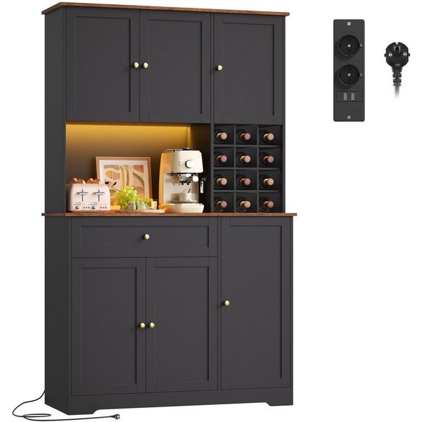 Homfa Küchenbuffet Küchenschrankmit LED, Steckdosenleiste & Weinregal Buffetschrank Sideboard weiß mit Steckdosenleiste & Arbeitsplatte 180x100x39cm