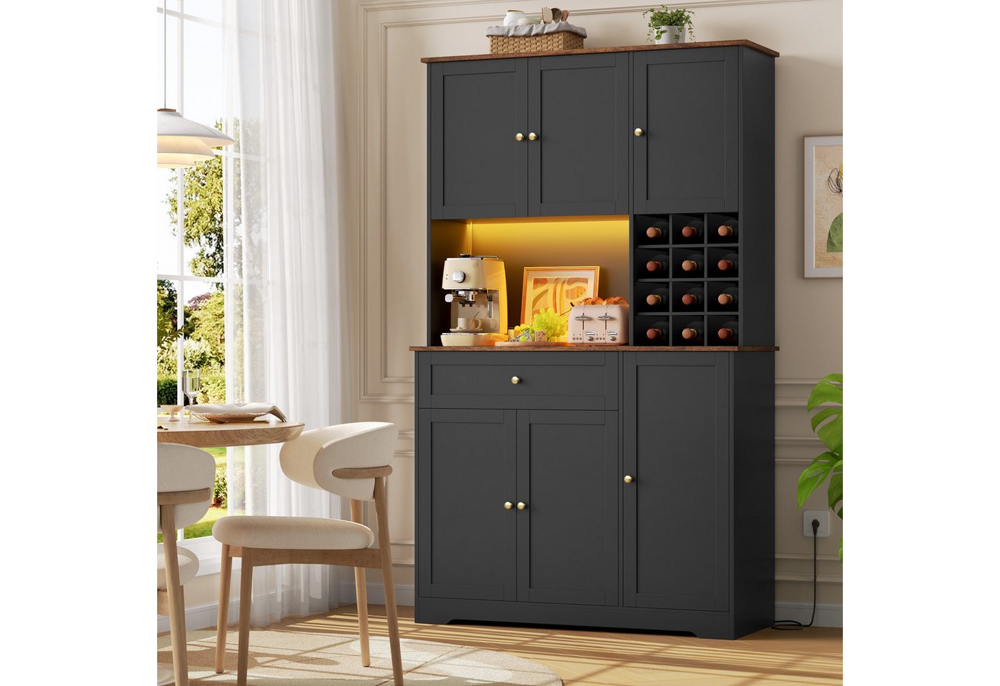 Homfa Küchenbuffet Küchenschrankmit LED, Steckdosenleiste & Weinregal Buffetschrank Sideboard weiß mit Steckdosenleiste & Arbeitsplatte 180x100x39cm – Bild 2 von 5