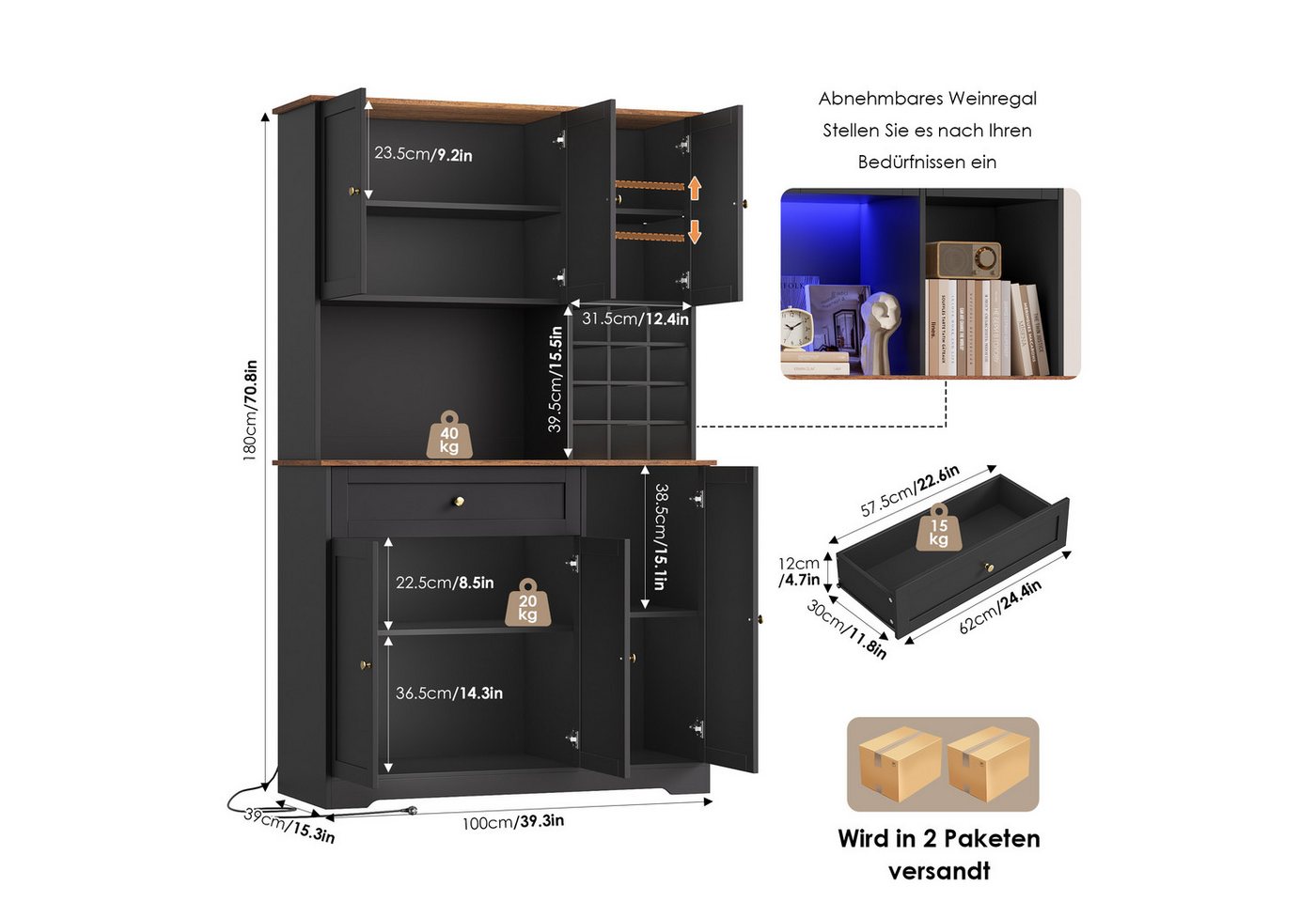 Homfa Küchenbuffet Küchenschrankmit LED, Steckdosenleiste & Weinregal Buffetschrank Sideboard weiß mit Steckdosenleiste & Arbeitsplatte 180x100x39cm – Bild 3 von 5