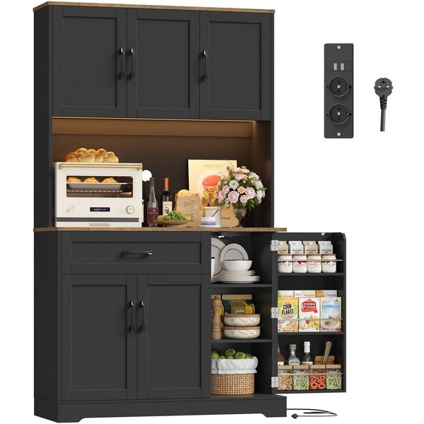 Homfa Küchenbuffet Küchenbuffet mit LED und Steckdosenleiste Küchenschrank Buffetschrank Sideboard weiß mit Steckdosenleiste & Arbeitsplatte 180,5x100x38,6cm