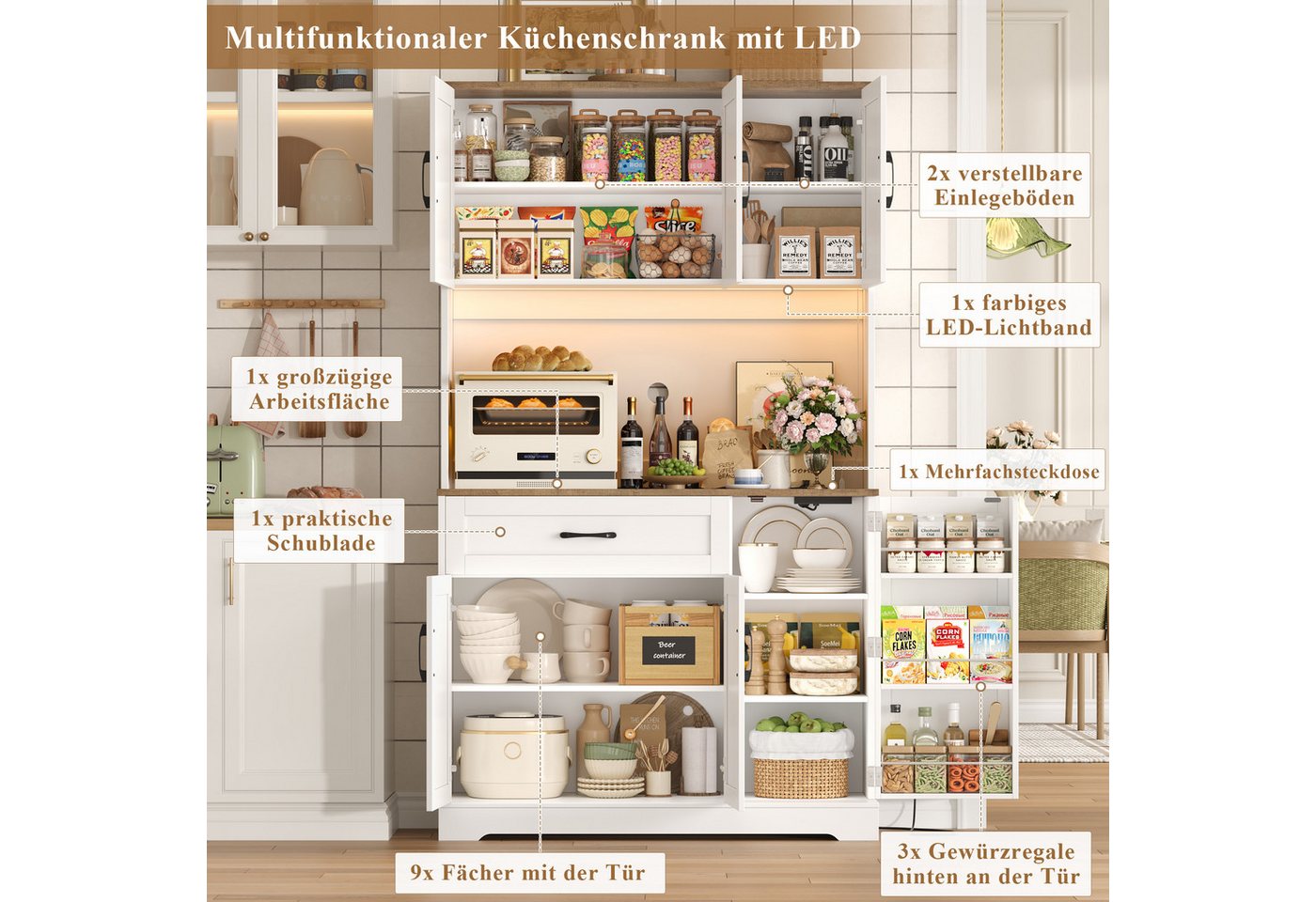 Homfa Küchenbuffet Küchenbuffet mit LED und Steckdosenleiste Küchenschrank Buffetschrank Sideboard weiß mit Steckdosenleiste & Arbeitsplatte 180,5x100x38,6cm – Bild 2 von 5