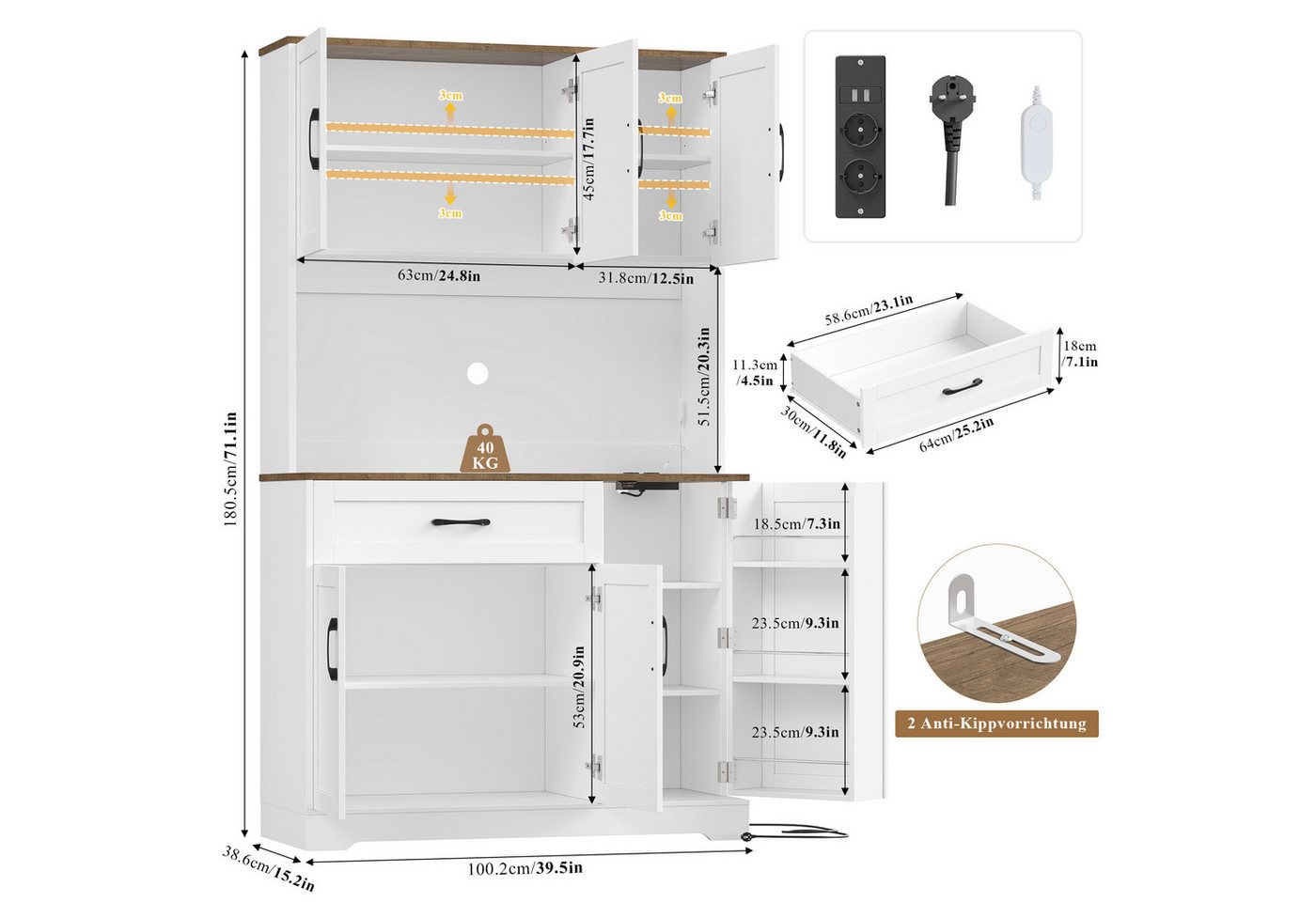 Homfa Küchenbuffet Küchenbuffet mit LED und Steckdosenleiste Küchenschrank Buffetschrank Sideboard weiß mit Steckdosenleiste & Arbeitsplatte 180,5x100x38,6cm – Bild 3 von 5