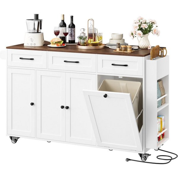 Homfa Küchenwagen mit Steckdoseleiste, 135cm klappbarer Arbeitsplatte & Messerblock, Kücheninsel mit Rollen, Küchenschrank mit Müllsystem 135x88x60cm