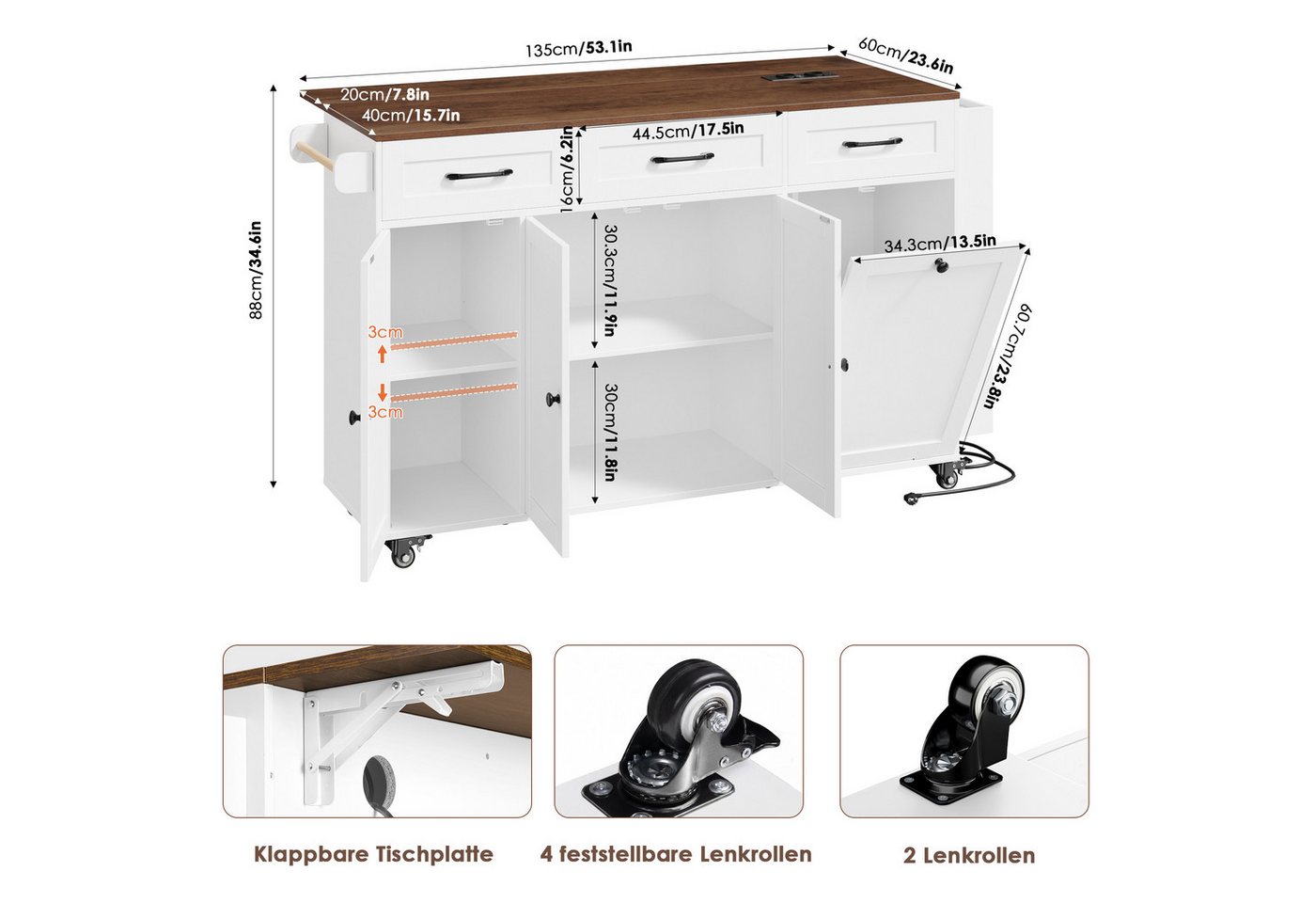 Homfa Küchenwagen mit Steckdoseleiste, 135cm klappbarer Arbeitsplatte & Messerblock, Kücheninsel mit Rollen, Küchenschrank mit Müllsystem 135x88x60cm – Bild 3 von 5
