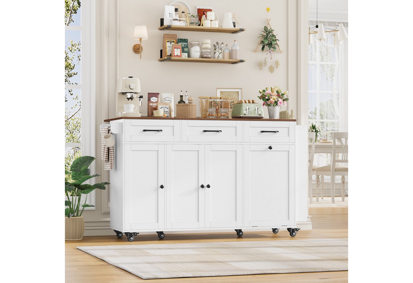 Homfa Küchenwagen mit Steckdoseleiste, 135cm klappbarer Arbeitsplatte & Messerblock, Kücheninsel mit Rollen, Küchenschrank mit Müllsystem 135x88x60cm – Bild 4 von 5