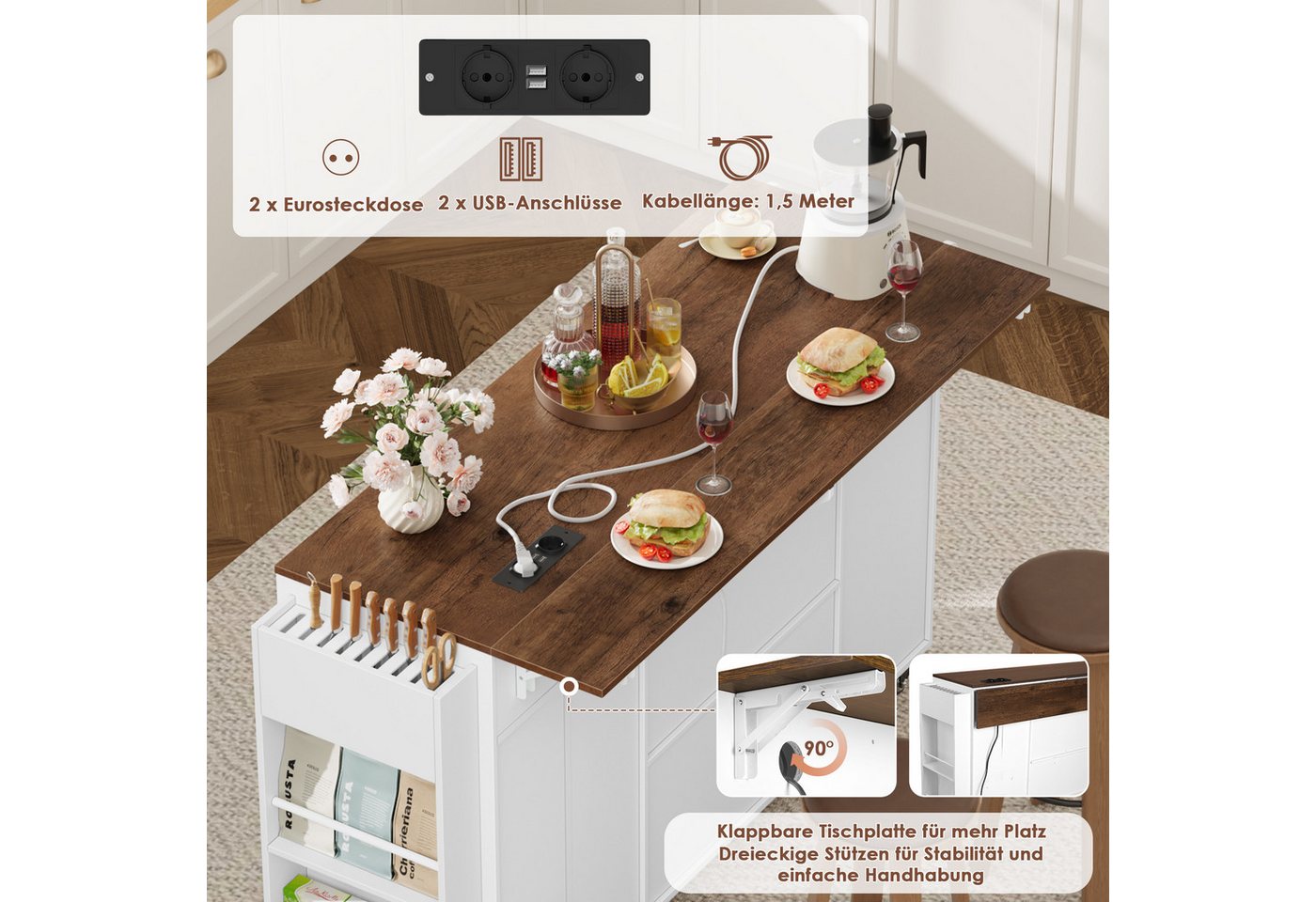 Homfa Küchenwagen mit Steckdoseleiste, 135cm klappbarer Arbeitsplatte & Messerblock, Kücheninsel mit Rollen, Küchenschrank mit Müllsystem 135x88x60cm – Bild 5 von 5