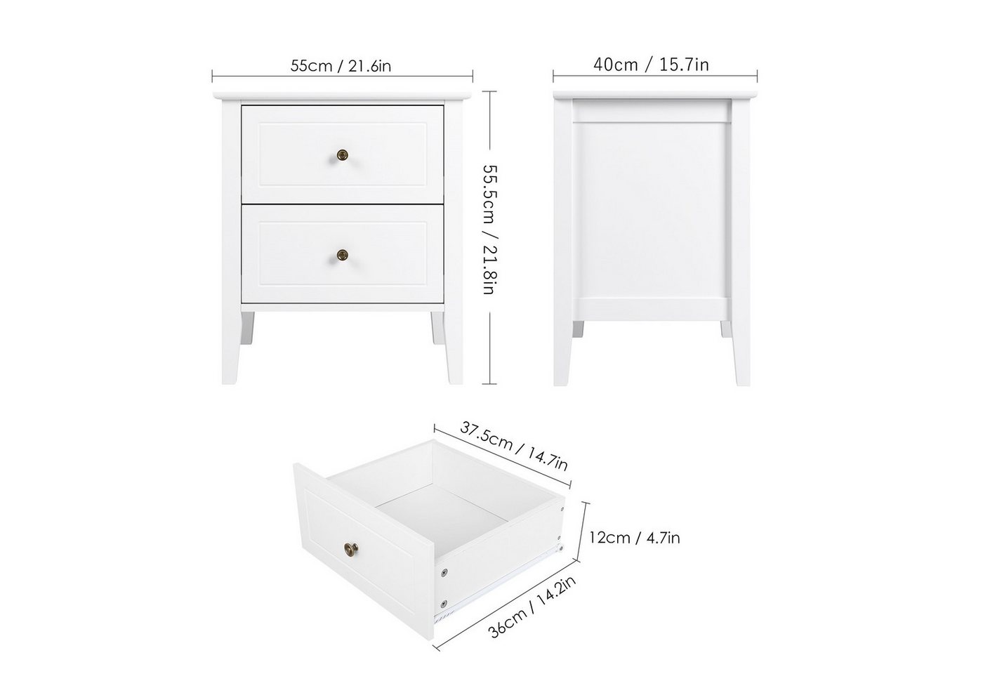 Homfa Nachttisch Nachtschrank, Nachtkommode mit 2 Schubladen, weiß, aus Holz – Bild 3 von 5