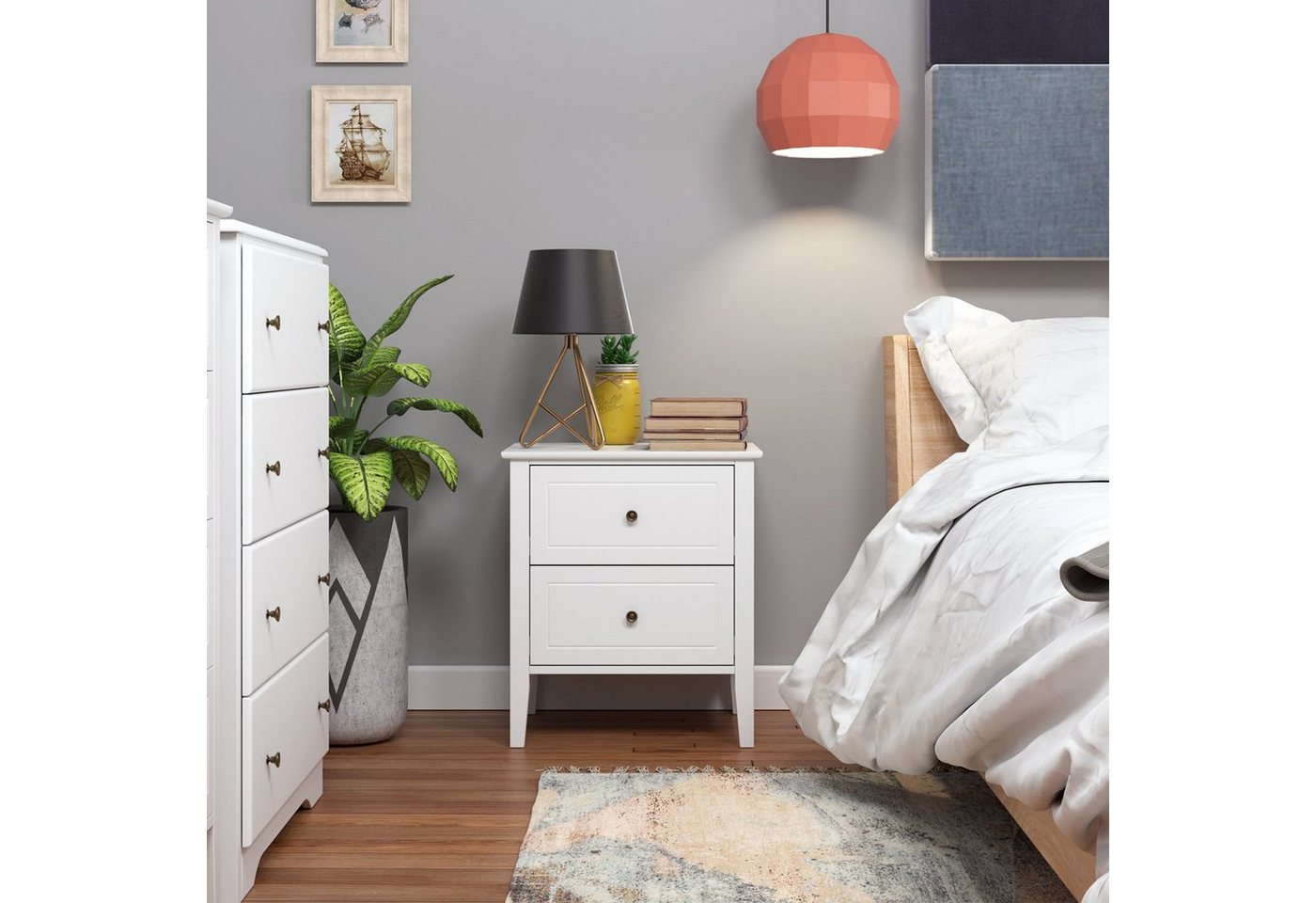 Homfa Nachttisch Nachtschrank, Nachtkommode mit 2 Schubladen, weiß, aus Holz – Bild 4 von 5