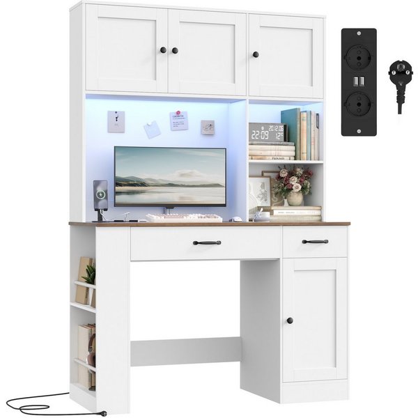 Homfa Schreibtisch mit LED, 2 Steckdosen und 2 USB, 180cm, Computertisch mit Bücherregal, Bürotisch weiß 180x120x50cm