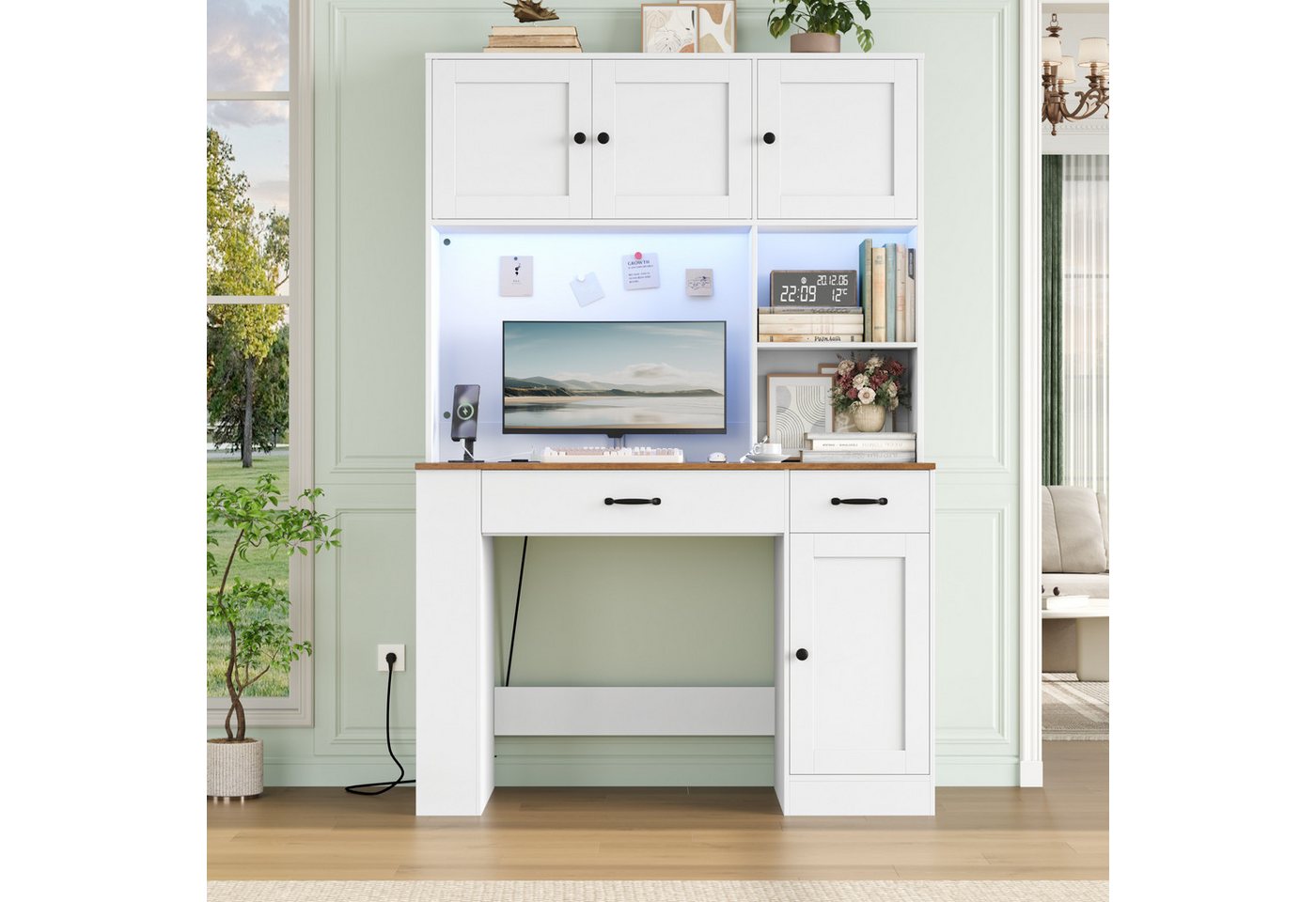 Homfa Schreibtisch mit LED, 2 Steckdosen und 2 USB, 180cm, Computertisch mit Bücherregal, Bürotisch weiß 180x120x50cm – Bild 2 von 5
