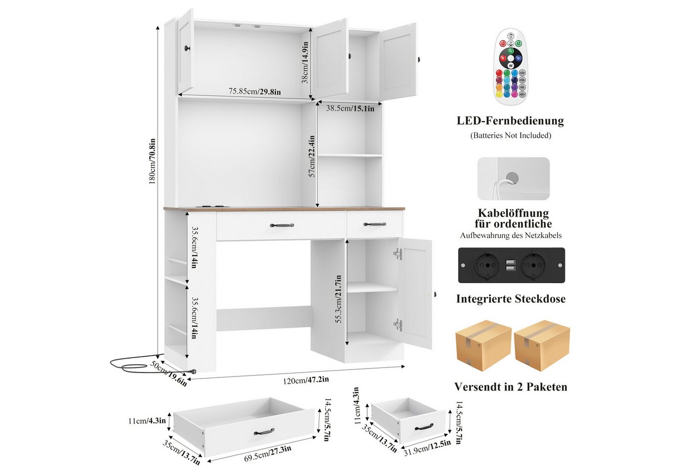 Homfa Schreibtisch mit LED, 2 Steckdosen und 2 USB, 180cm, Computertisch mit Bücherregal, Bürotisch weiß 180x120x50cm – Bild 3 von 5