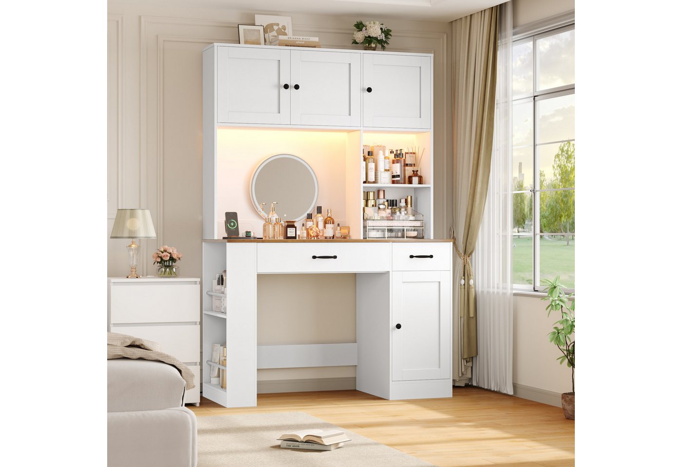 Homfa Schreibtisch mit LED, 2 Steckdosen und 2 USB, 180cm, Computertisch mit Bücherregal, Bürotisch weiß 180x120x50cm – Bild 4 von 5
