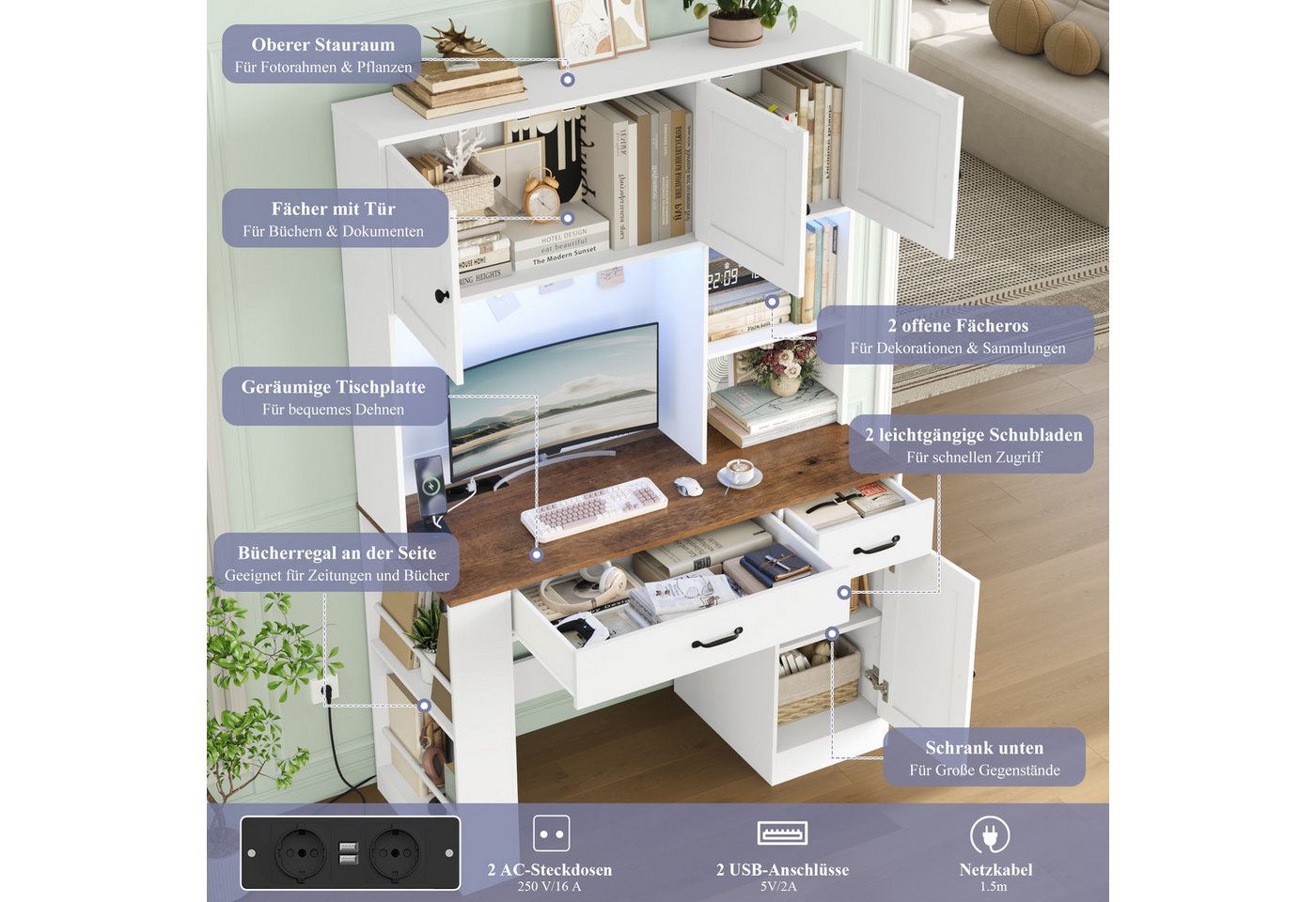 Homfa Schreibtisch mit LED, 2 Steckdosen und 2 USB, 180cm, Computertisch mit Bücherregal, Bürotisch weiß 180x120x50cm – Bild 5 von 5