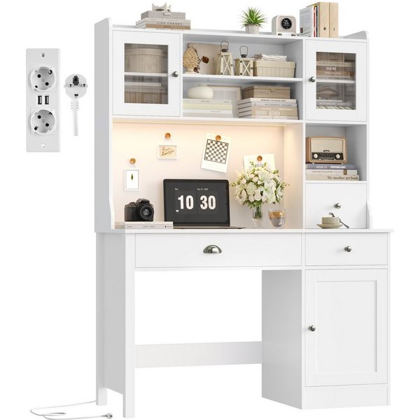 Homfa Schreibtisch mit LED, 2 Steckdosen und 2 USB, Schminktisch Computertisch Bürotisch weiß 165x120x48cm