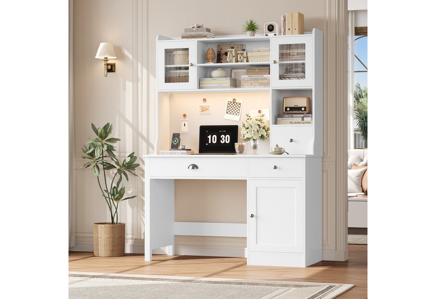Homfa Schreibtisch mit LED, 2 Steckdosen und 2 USB, Schminktisch Computertisch Bürotisch weiß 165x120x48cm – Bild 2 von 5
