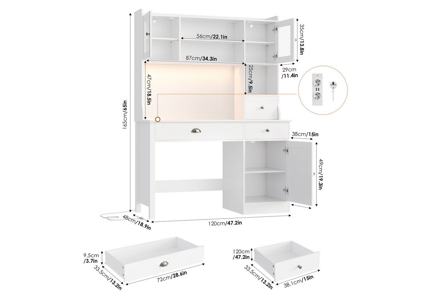 Homfa Schreibtisch mit LED, 2 Steckdosen und 2 USB, Schminktisch Computertisch Bürotisch weiß 165x120x48cm – Bild 3 von 5