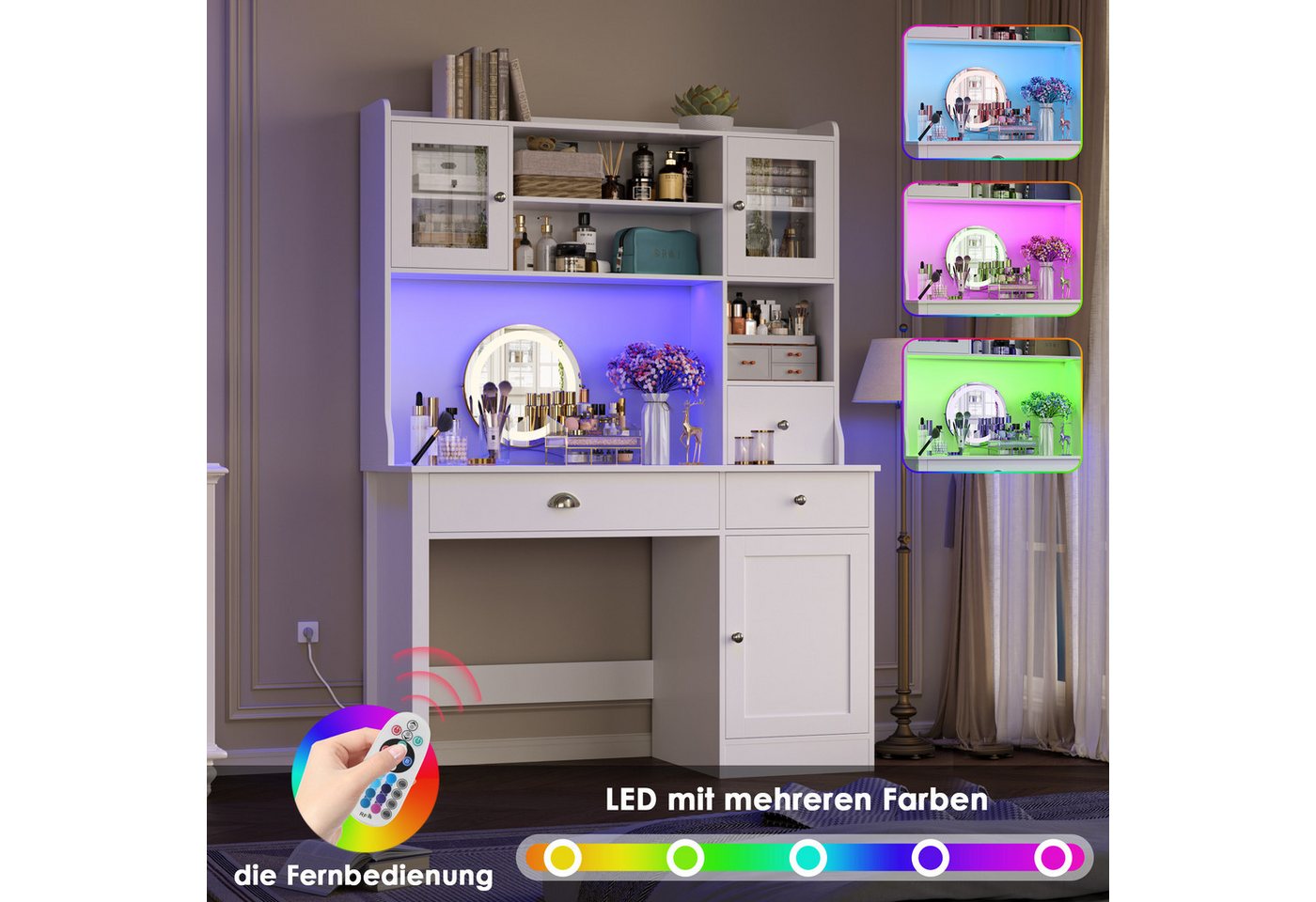 Homfa Schreibtisch mit LED, 2 Steckdosen und 2 USB, Schminktisch Computertisch Bürotisch weiß 165x120x48cm – Bild 4 von 5