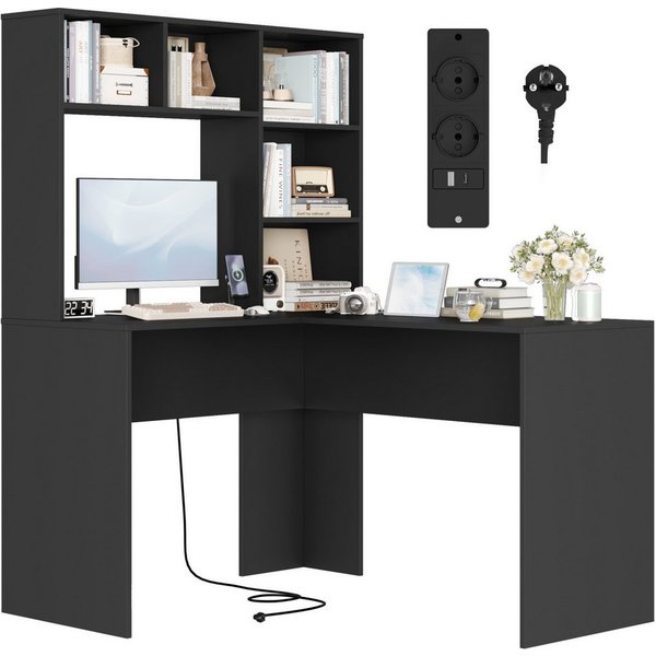 Homfa Schreibtisch mit Steckdose, Eckschreibtisch L-förmig, Computertisch Bürotisch weiß 152cm