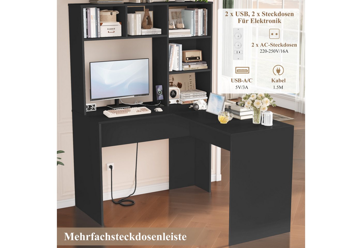 Homfa Schreibtisch mit Steckdose, Eckschreibtisch L-förmig, Computertisch Bürotisch weiß 152cm – Bild 2 von 5