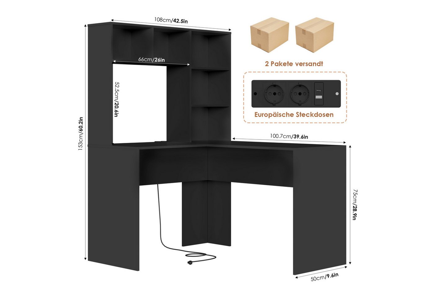 Homfa Schreibtisch mit Steckdose, Eckschreibtisch L-förmig, Computertisch Bürotisch weiß 152cm – Bild 3 von 5