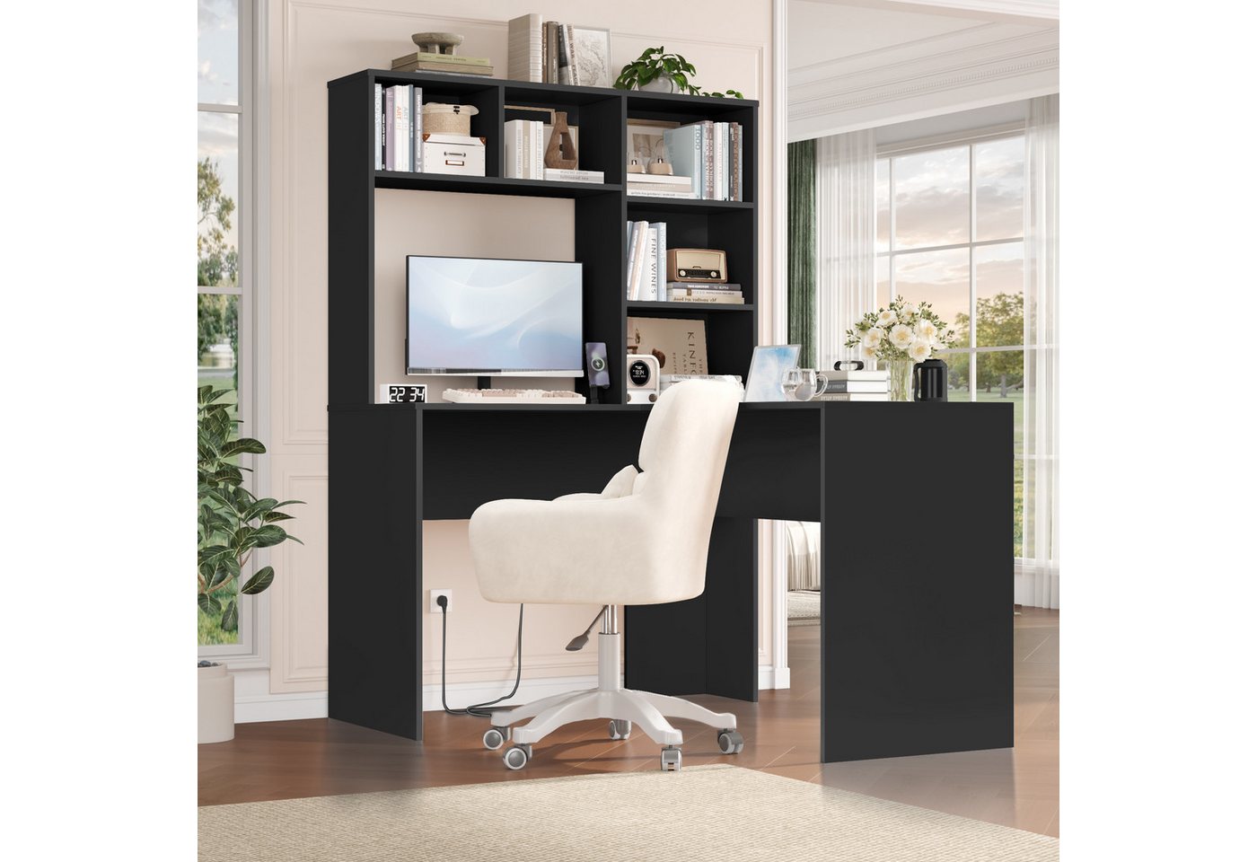 Homfa Schreibtisch mit Steckdose, Eckschreibtisch L-förmig, Computertisch Bürotisch weiß 152cm – Bild 4 von 5