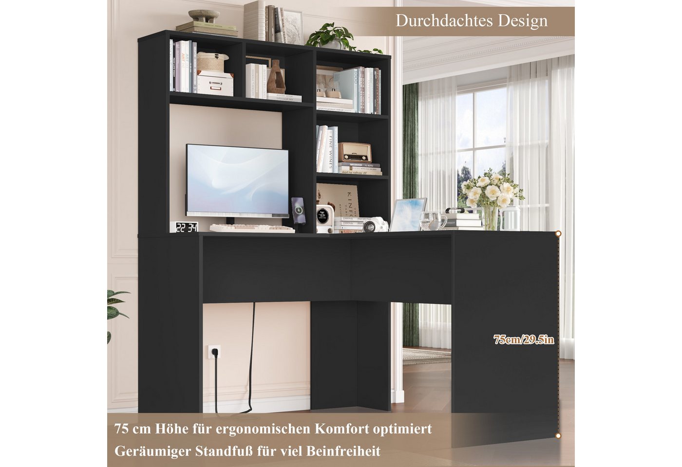Homfa Schreibtisch mit Steckdose, Eckschreibtisch L-förmig, Computertisch Bürotisch weiß 152cm – Bild 5 von 5
