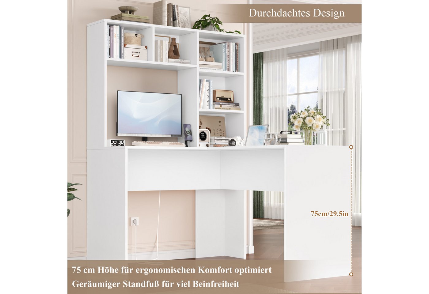 Homfa Schreibtisch mit Steckdose, Eckschreibtisch L-förmig, Computertisch Bürotisch weiß 152cm – Bild 2 von 5