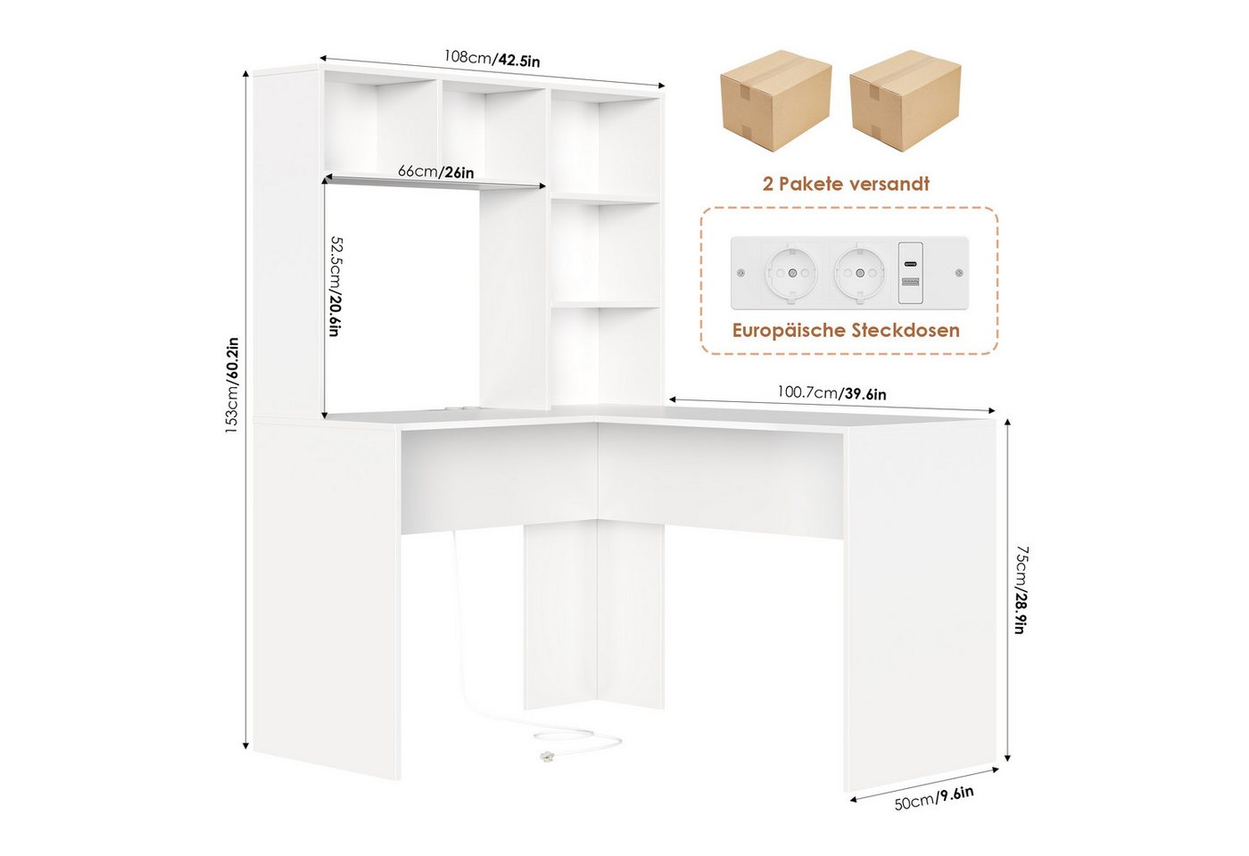 Homfa Schreibtisch mit Steckdose, Eckschreibtisch L-förmig, Computertisch Bürotisch weiß 152cm – Bild 3 von 5