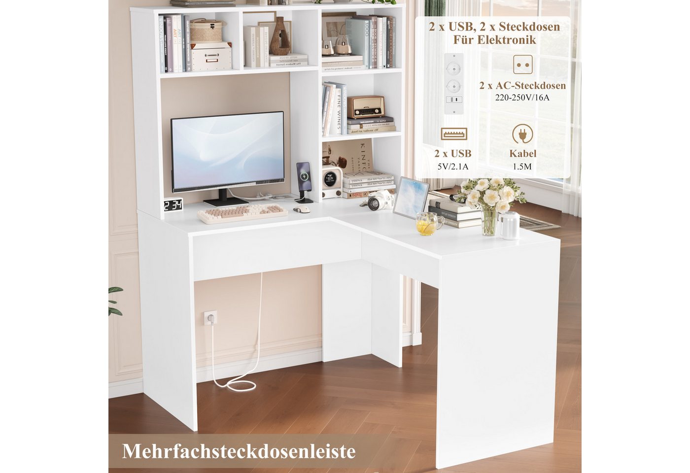 Homfa Schreibtisch mit Steckdose, Eckschreibtisch L-förmig, Computertisch Bürotisch weiß 152cm – Bild 4 von 5