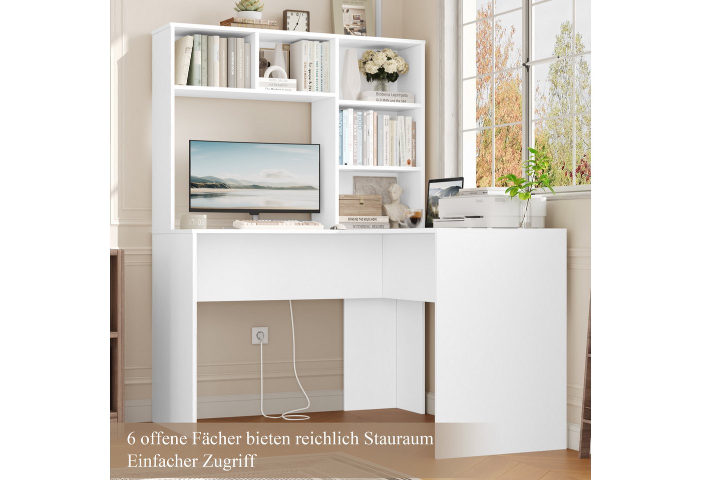 Homfa Schreibtisch mit Steckdose, Eckschreibtisch L-förmig, Computertisch Bürotisch weiß 152cm – Bild 5 von 5