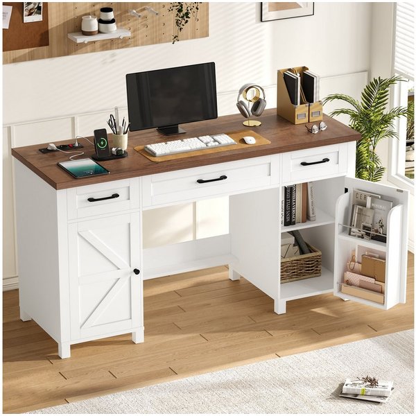 Homfa Schreibtisch mit Steckdose Computertisch mit Schubladen 150 x 48 cm, Schreibtisch mit Stauraum, Schminktisch, 2 AC und 2 USB, weiß
