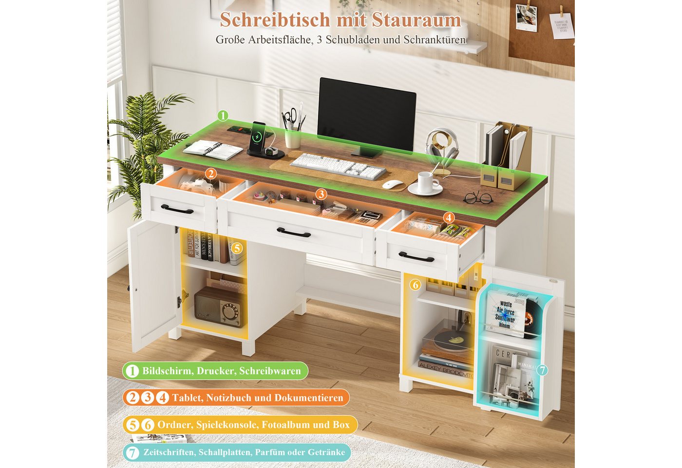 Homfa Schreibtisch mit Steckdose Computertisch mit Schubladen 150 x 48 cm, Schreibtisch mit Stauraum, Schminktisch, 2 AC und 2 USB, weiß – Bild 2 von 5