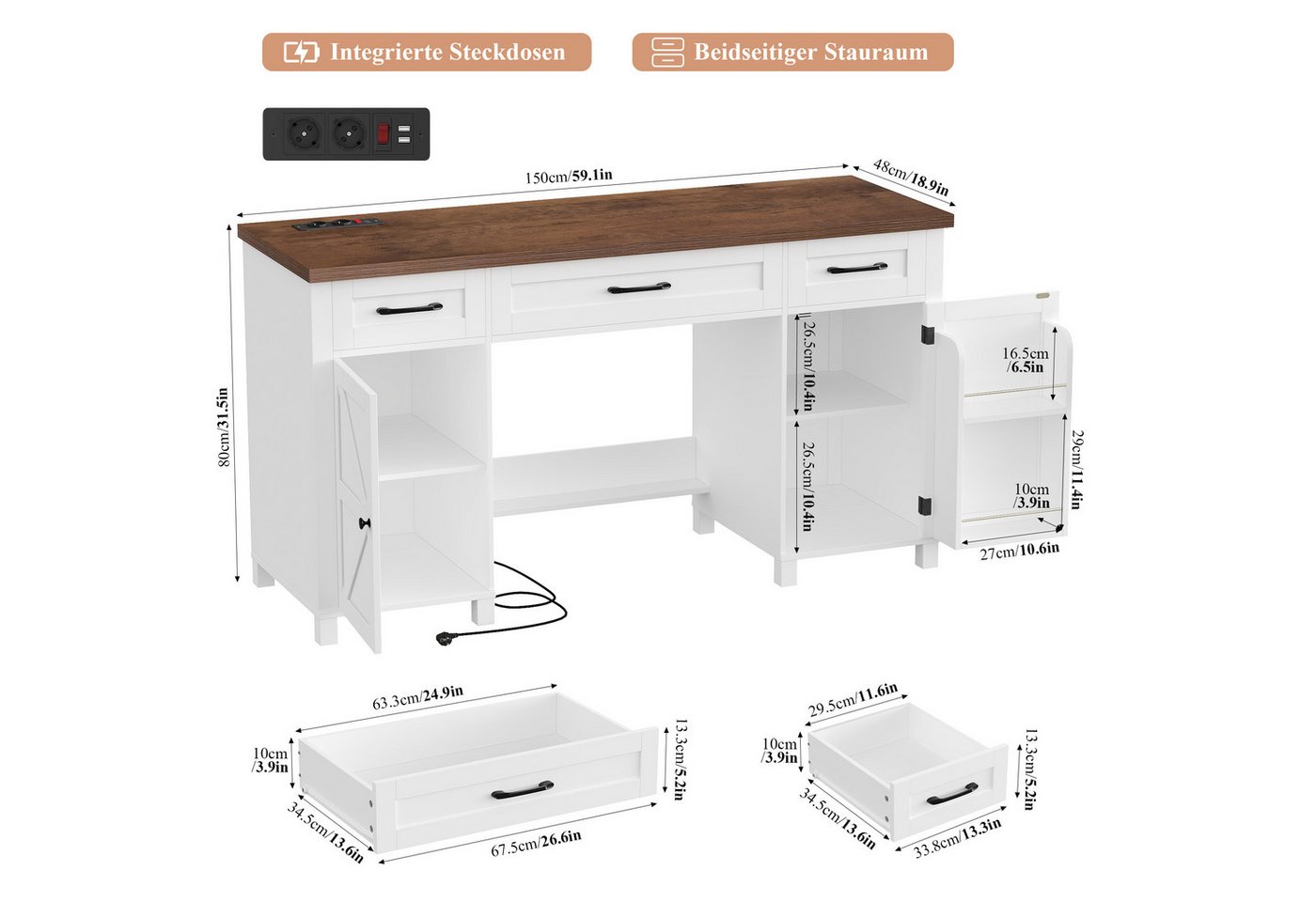 Homfa Schreibtisch mit Steckdose Computertisch mit Schubladen 150 x 48 cm, Schreibtisch mit Stauraum, Schminktisch, 2 AC und 2 USB, weiß – Bild 3 von 5